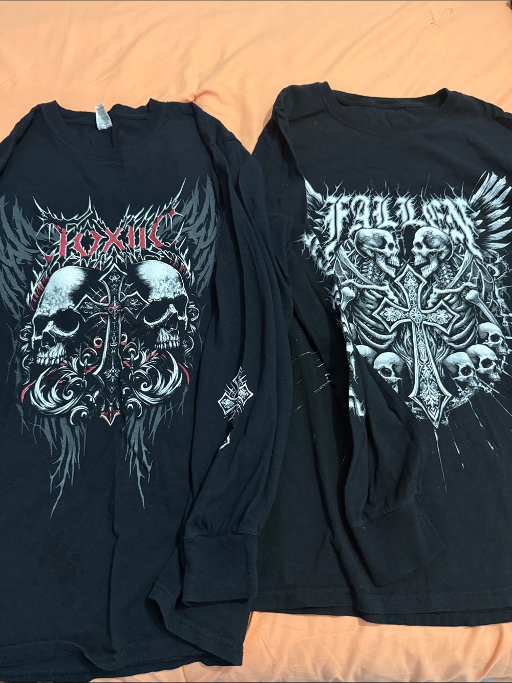 2 Black Heavy Metal Skull Graphic Long-Sleeve Shirt